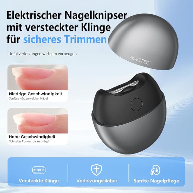 Detalle de Aokitec Elektrischer Nagelknipser mit LED, 2-Gang-Vibration und Sammelrate > 90%