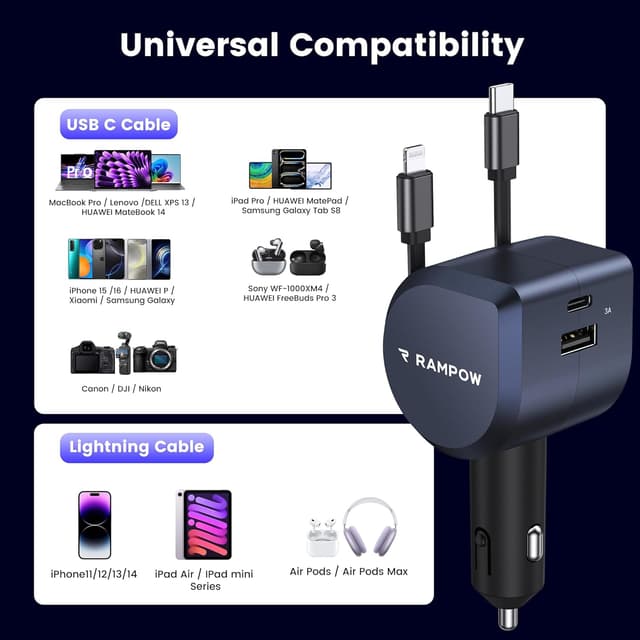 Detalle 2 de RAMPOW 100W Zigarettenanzünder USB‑C 4‑in‑1 (einziehbares Auto-Ladegerät) mit 65W Schnellladung
