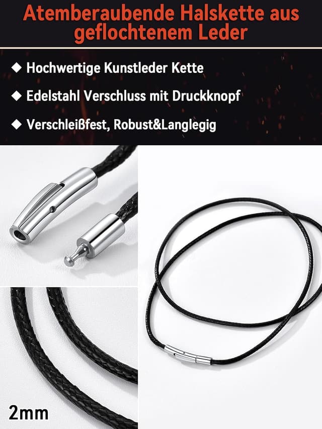 Detalle 2 de FaithHeart Lederkette für Herren & Damen – personalisierbares schwarzes Lederband mit Verschluss (ohne Anhänger), 40–75 cm