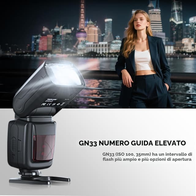 Detalle de PHOTOOLEX Speedlite con slitta hot shoe a contatto singolo GN33 per Canon, Nikon, Sony e altre SLR mirrorless