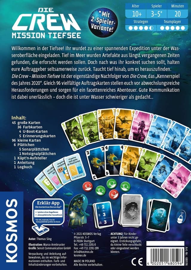Detalle 2 de Kosmos Die Crew – Mission Tiefsee (680596): kooperatives Kartenspiel für 3–5 Spieler