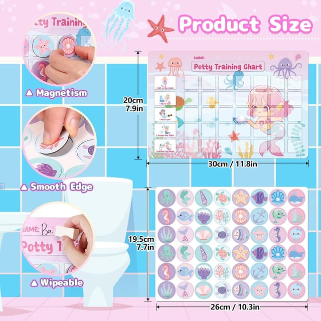 Detalle de GWHOLE Potty Training Reward Chart with 48 Reusable Magnetic Stickers (Mermaids theme) for Toddler Girls