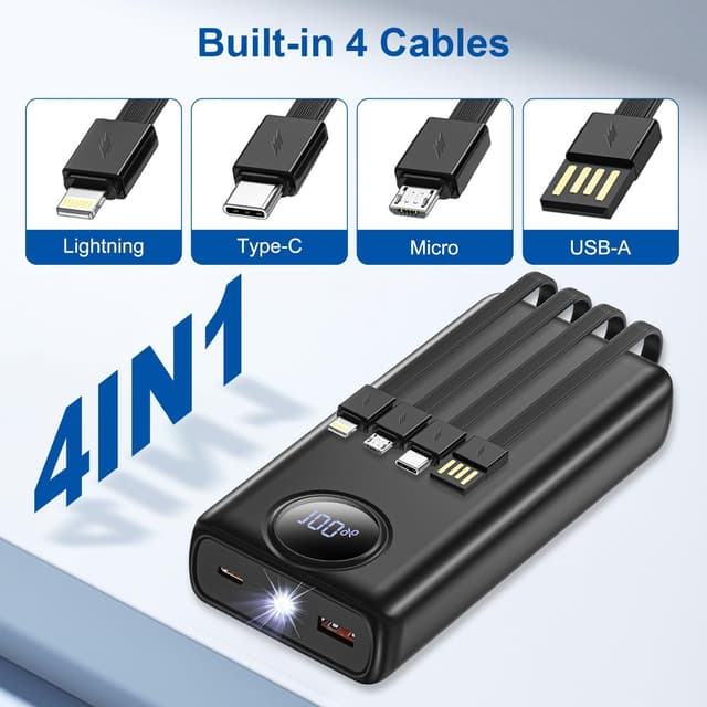 Detalle 2 de Bamkey Power Bank 20000 mAh 22,5W con 4 cavi integrati e display LED