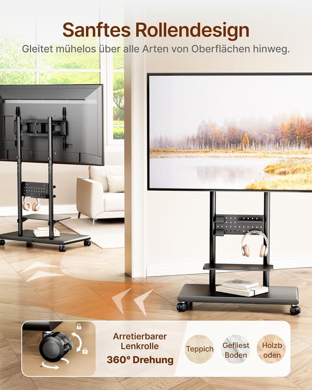 Detalle de ECOTINY TV Ständer Rollbar mit Ablagefächern – höhenverstellbar, dreh- und neigbar, VESA bis 600 x 400 mm