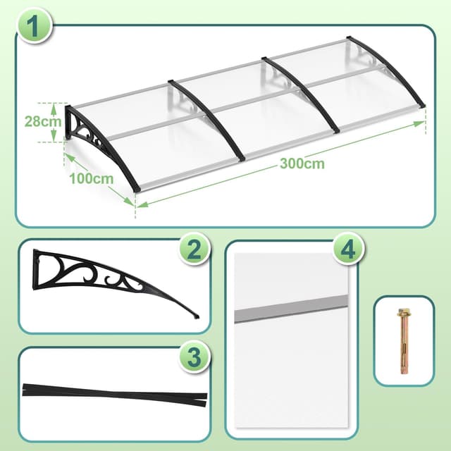 Detalle de Jiubiaz tettoia per porta di casa 300 x 100 cm in policarbonato trasparente, spessore 6 mm