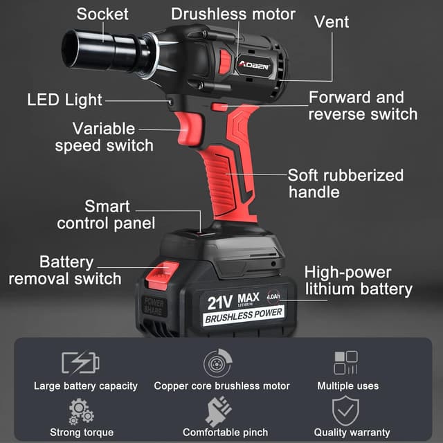 Detalle de AOBEN 21V Cordless Impact Wrench (400 N.m Max Torque, 3000 RPM) with 4.0Ah Battery + 6 Socket Set