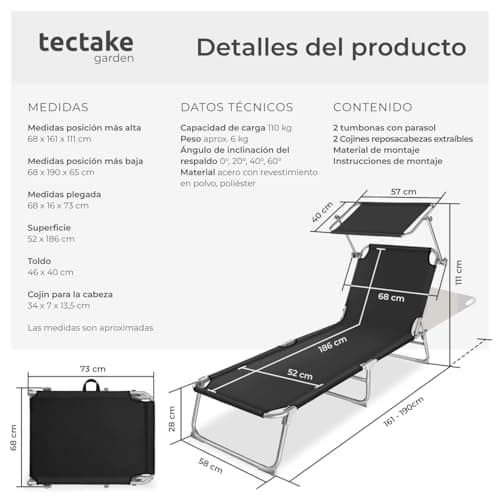 Detalle de tectake Set de 2 tumbonas de jardín plegables con parasol y respaldo regulable (110 kg máx., negro)