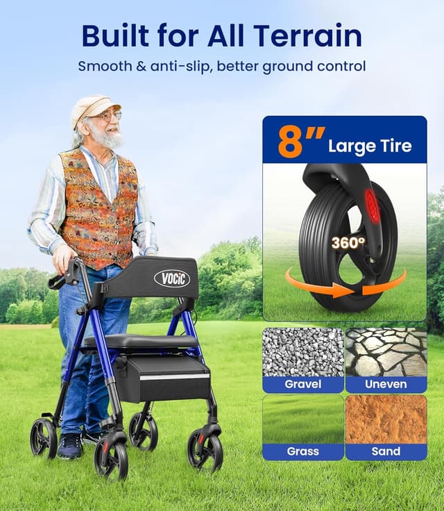 Detalle de VOCIC Z21 Rollator Walker with Seat, Brakes, Bag & 20cm All-Terrain Wheels (Blue) – Adjustable Height Foldable Aid