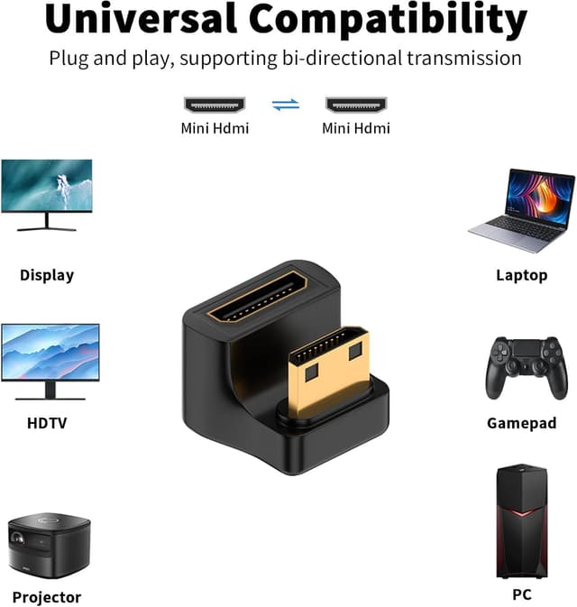 Detalle 1 de Duttek 8K U-Shape Mini-HDMI-Adapter (180° nach oben) mit LED, 48 Gbps, Mini-HDMI Male auf Female – 2er Pack