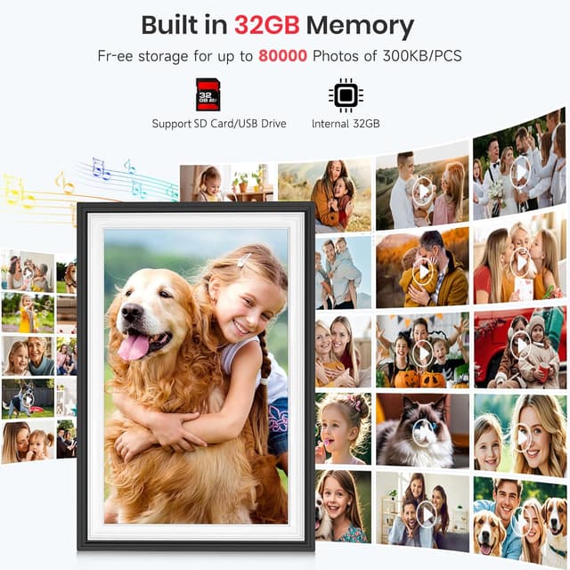 Detalle de BIGASUO Frameo WiFi Digital Photo Frame 10.1 Inch (Black/White) with Touch Screen, 32GB & Auto Rotate