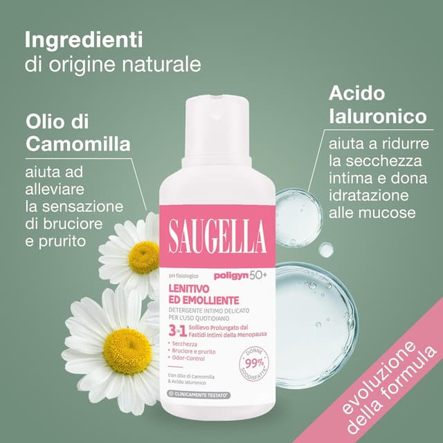 Detalle 2 de Saugella Poligyn detergente intimo emolliente antiprurito con camomilla e acido lattico, pH neutro, adatto in menopausa (750 ml)