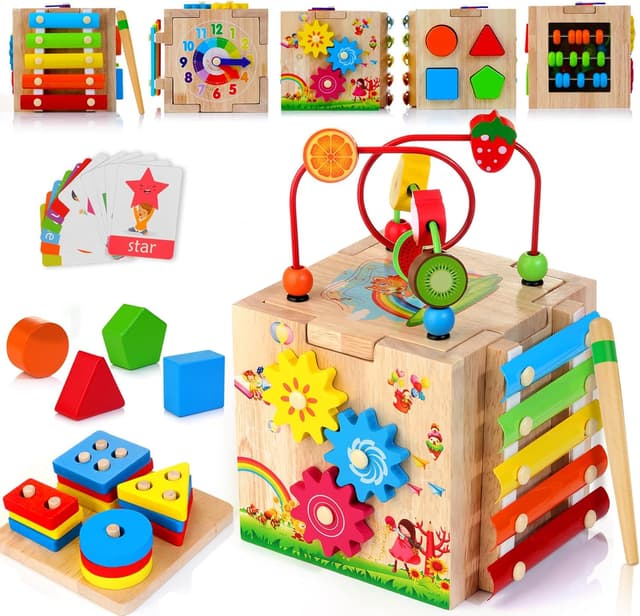 Detalle de HELLOWOOD Wooden Activity Cube 8-in-1
