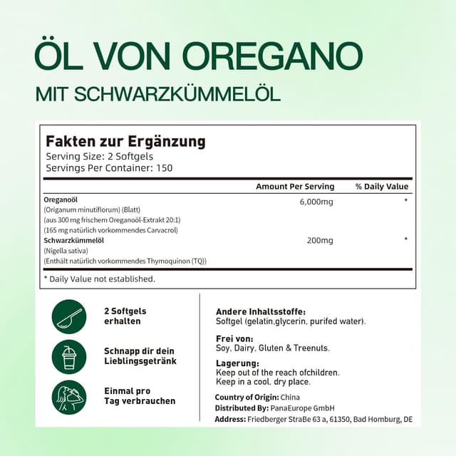 Detalle de VivoNu Oregano Öl Kapseln – 300 Weichkapseln mit 6000 mg Oreganoöl, 200 mg Schwarzkümmelöl & 165 mg Carvacrol