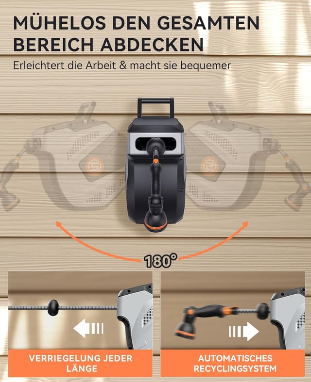 Detalle 2 de SUNPOW Wand-Schlauchbox RollUp 25 m mit 10-Funktions-Sprühdüse, 180° schwenkbar & automatischem Aufrollsystem (Grau)