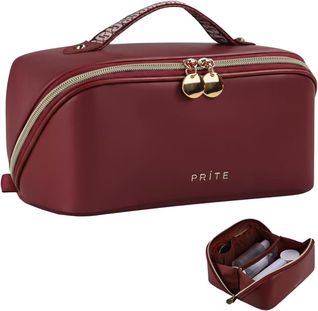 Detalle de Prite Große Kapazität Kosmetiktasche (PU-Leder, dunkelrot) mit transparenter Trenn-Einlage