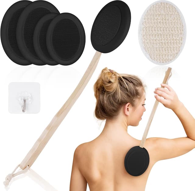 Detalle de URAQT Back Cream Applicator (7-pack) long wooden handle body brush for lotion, shower and hard-to-reach areas