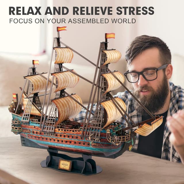Detalle de CubicFun 3D Puzzle Model Ship (San Felipe) Boat Construction Kit – 248-Piece Papercraft Display Model