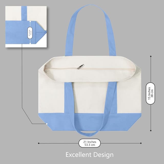 Detalle de TOPDesign 6-Pack Cotton Canvas Reusable Grocery Bags with Exterior Pocket, Top Zipper (Light Blue/Natural)