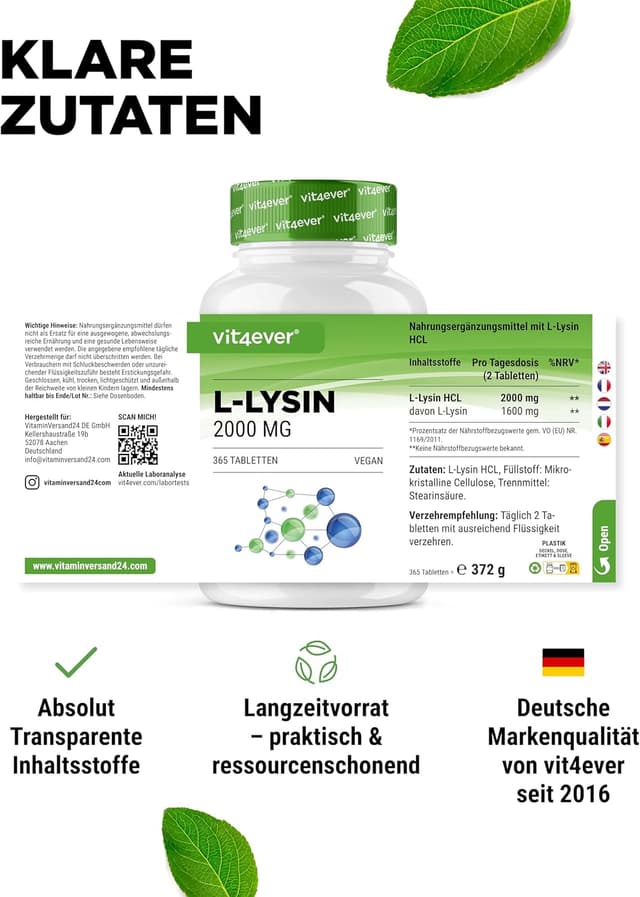 Detalle de L-Lysin 2000 mg (365 Tabletten) – L-Lysin HCL aus pflanzlicher Fermentation, vegan