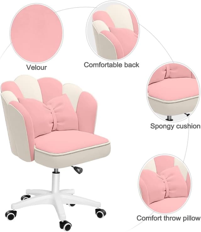 Detalle de XUEGW Schreibtischstuhl mit Blütenblatt-Design aus Samt, Schleife und 360° Dreh-Rollen fürs Heimbüro