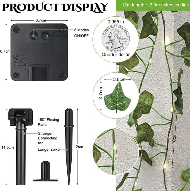 Detalle de A.bigwhale Außen-Solarlkette mit Efeu-Optik und 120 LED (12 m) – wetterfest, mit 8 Modi