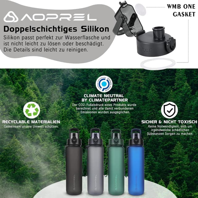 Detalle de AOPREL Trinkflasche 1 l aus Tritan (BPA-frei) mit Filter und Bürste – auslaufsicher für Sport, Wandern & Alltag