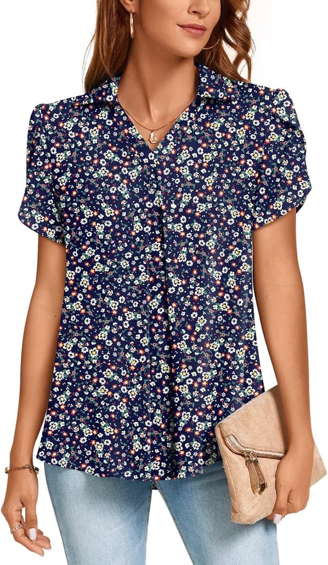 Thumbnail 6 de Aodemo Women’s Summer Collared V-Neck Chiffon Pleated Blouse (3/4 Sleeve)