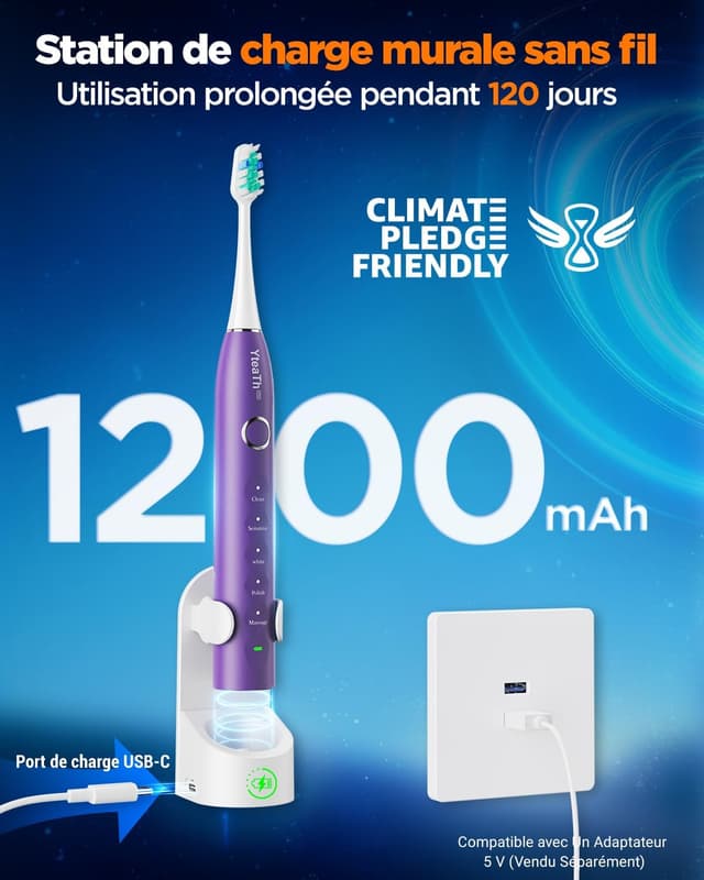 Detalle 1 de YTEATH PRO Brosse à dent électrique sonique pour femme (violet foncé) avec 8 têtes, 5 modes et étui de voyage