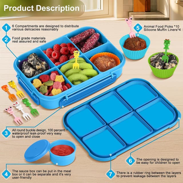 Detalle de Amathley Kinder-Brotdose mit Fächern (1200 ml) – Bento Box Blau mit 6 Fächern, Soßenbehälter & Cartoon-Set