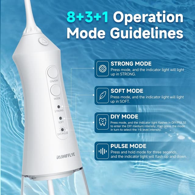 Detalle 2 de RUMFFLYE jet dentaire hydropulseur Water Flosser 12 modes, réservoir 300 ml, IPX7