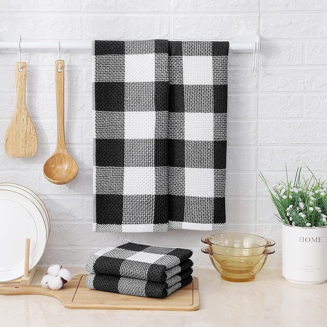 Thumbnail 6 de Mordimy 100% Cotton Waffle Weave Kitchen Towels (13 x 28 in), Black & White Buffalo Check, 4-Pack