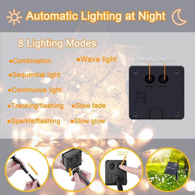 Detalle 2 de cshare Solar String Lights (2 Pack, 50 LEDs) with 8 Lighting Modes – Warm White Outdoor Fairy Lights, Waterproof