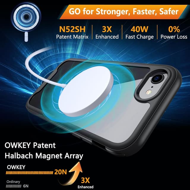 Detalle de OWKEY Magnetic iPhone SE 2022/SE 2020/8/7 Case with 360° full-body protection and built-in screen protector (Black)