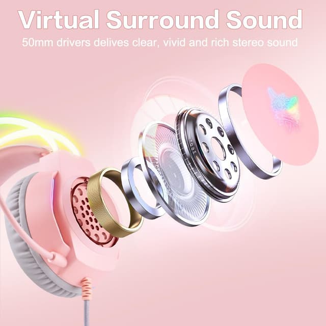 Detalle 2 de ONITOON Gaming Headset with Cat Ears (Pink) – RGB backlight, removable cat ears and virtual 7.1