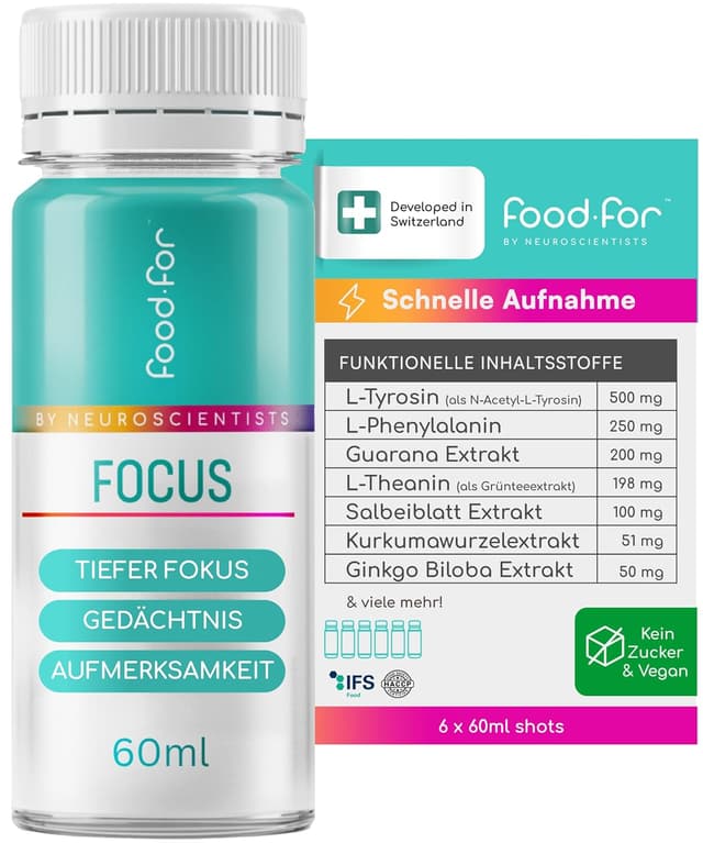 Detalle de FOODFOR FOCUS Booster „Dopamine“ 60 ml – Fokus-Shot mit L-Theanin, L-Tyrosin, Guarana & Ginkgo (zuckerfrei, 6-Pack)