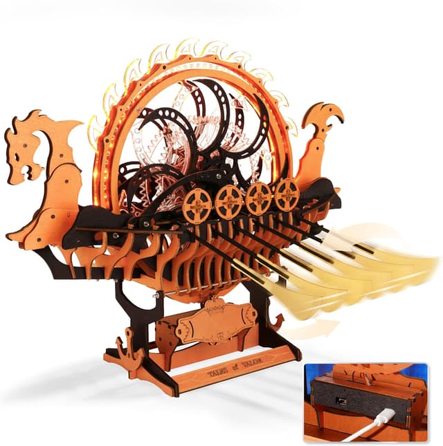 Detalle de Robotime LK802 Viking Dragon Ship 3D wooden model kit with motor and LED light