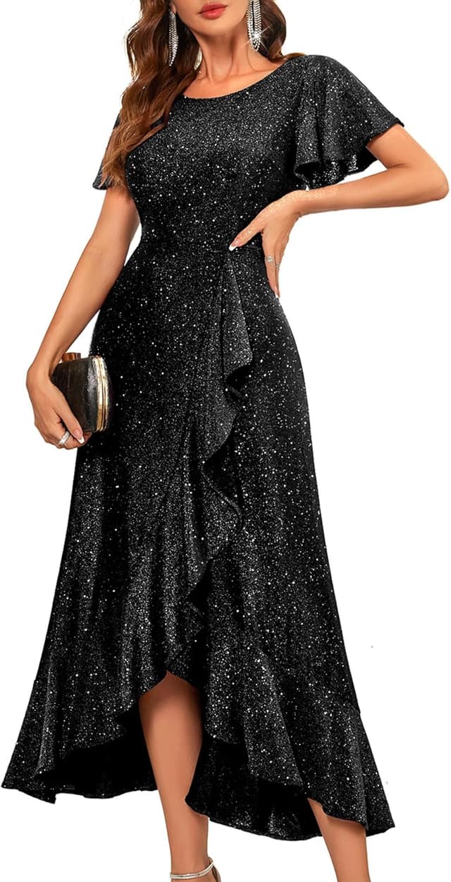 Detalle de BeryLove Women Sequin Formal Party Dress with Flutter Short Sleeves