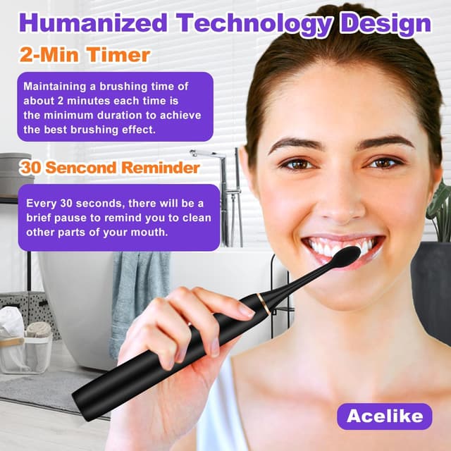 Detalle 2 de Acelike Whitening Electric Toothbrush (Black) — Rechargeable Sonic Brush with 8 Heads, 5 Modes, Smart Timer, IPX7