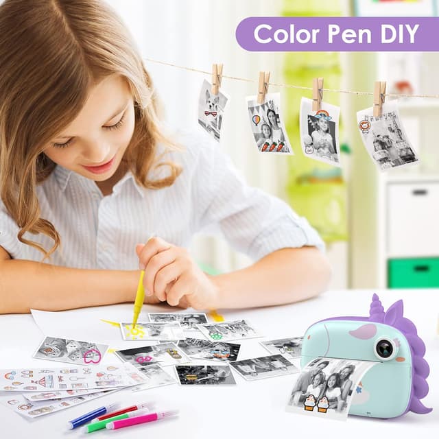 Detalle de HiMont Kids Camera Instant Print (Green) – digital camera with no-ink instant B&W prints, 32G TF card & DIY pens