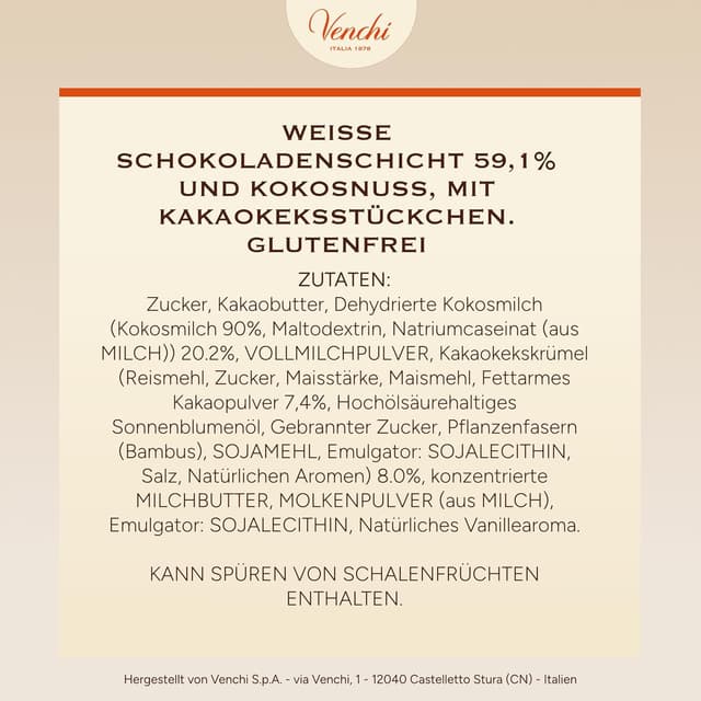 Detalle 2 de Venchi Schokoladenei mit Kokos & Chocobiscuit (150 g) – glutenfrei, mit Überraschung in Metallzylinder