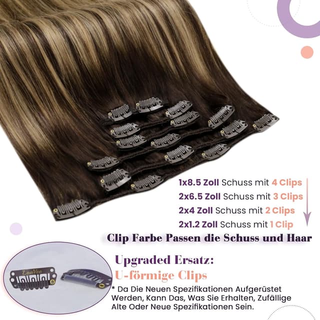 Detalle de LaaVoo Clip-in Echthaar Balayage Extensions (50 cm) Dunkelbraun/Karamellblond, Remy, 7-teilig, 105 g
