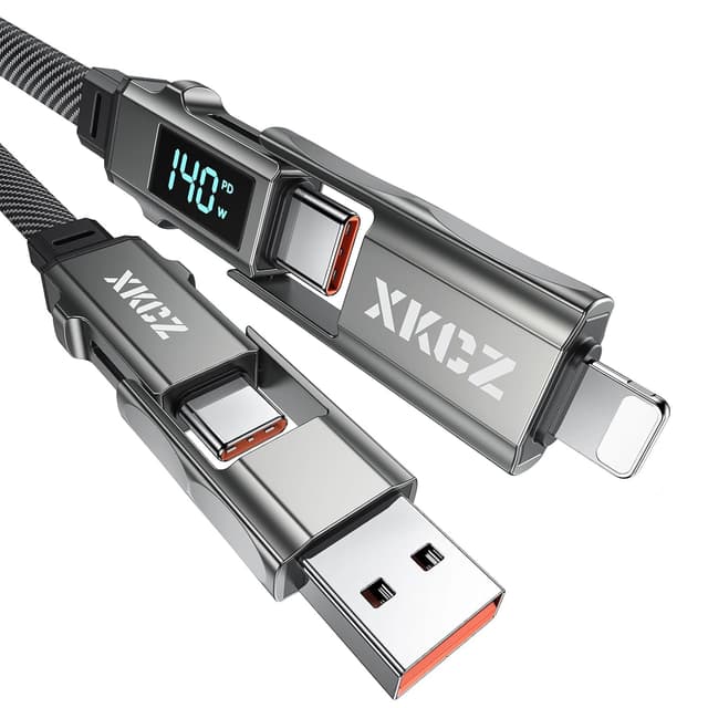 Detalle de XKCZ 4-in-1 USB-C Cable with Wattage Display (140W, 5FT) – Multi-Charge USB-A/USB-C for iPhone, iPad, Samsung & Laptops