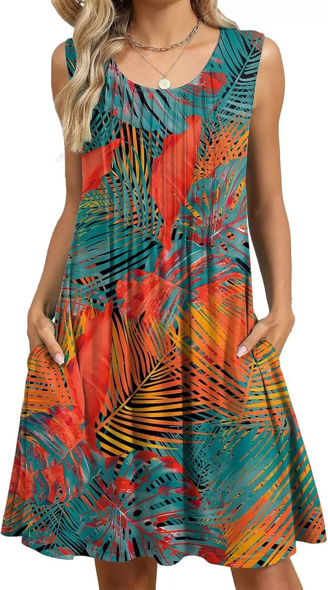 Detalle de PICKLION Women’s Summer Boho Floral Midi Dress with Side Pockets (Sleeveless, Loose Fit)