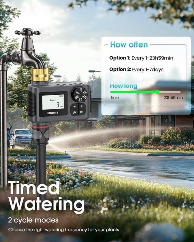 Detalle de Insoma outdoor hose water timer with rain delay and manual mode (LCD, IP55)