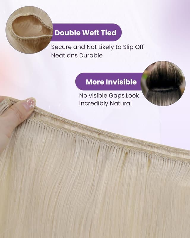 Detalle de LaaVoo Echthaar Extensions Tressen (Platinblond, #60), zum Einnähen – 80 g, 30 cm