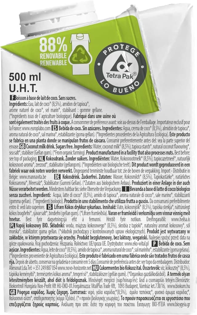 Thumbnail 1 de Ecomil Leche de Coco Bio 500ml 🥥 Sin Lactosa ni Gluten