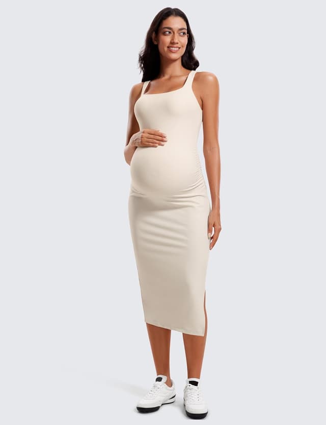Detalle de CRZ YOGA Butterluxe maternity dress with square neck, ruched sides & split hem