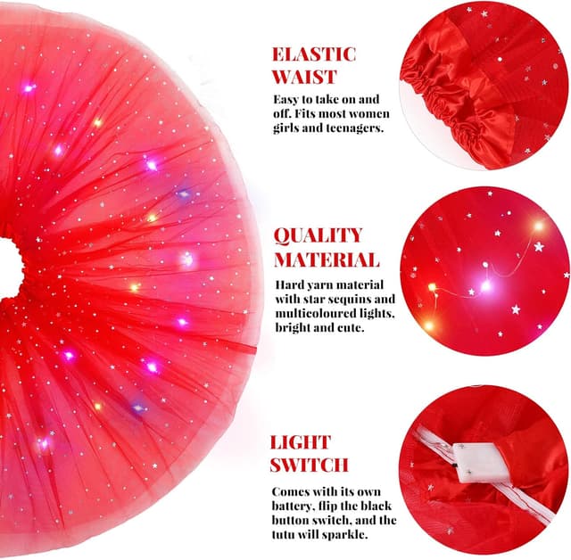 Detalle de Kefiyis LED-Tüllrock für Damen & Teenager mit Sternen-Pailletten, 9 Farben, elastischer Bund