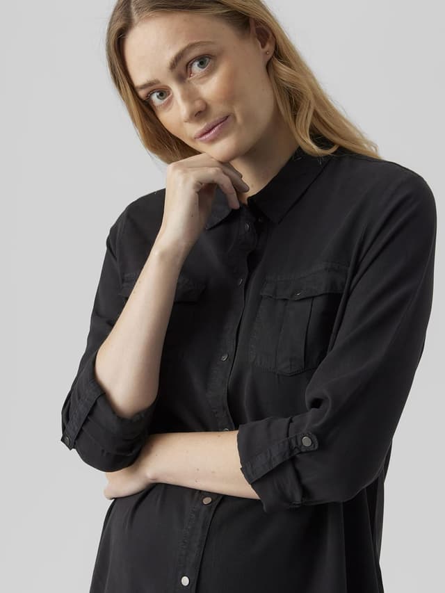 Detalle de VERO MODA VMSIGGA Jeanskleid für Damen (Maternity) – kurzes Hemdblusenkleid mit Knopfleiste