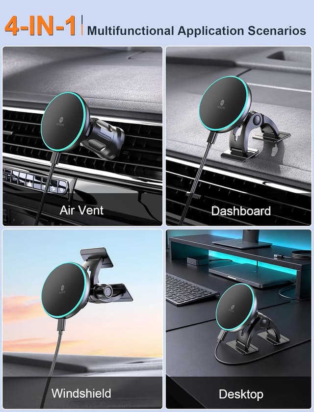 Detalle de MOKPR MagSafe car mount charger 15W (Magnetic dashboard/vent holder) – Glossy Black